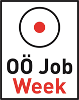 Logo OÖ Job Week: hochformatiges rechteckiges Logo weißer Hintergrund mit dünnem schwarzen Rand, obere Hälfte mittig schwarzer Kreis mit rotem Punkt in der Mitte, unten Schriftzug schwarz, darunter Schriftzug rot